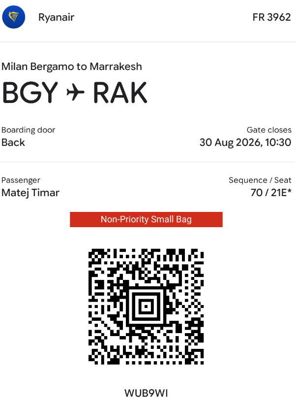 Ryanair Milan Bergamo to Marrakesh boarding pass