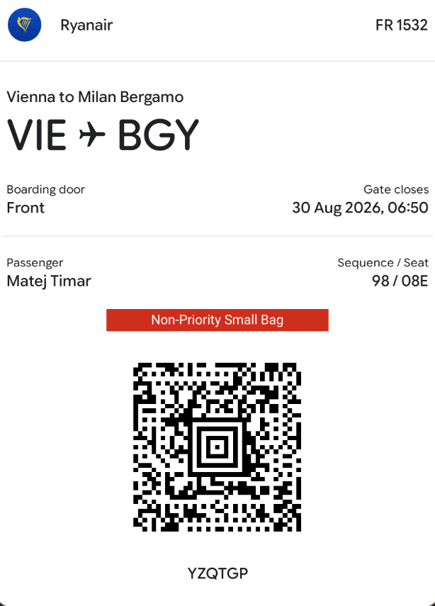 Ryanair Vienna to Milan Bergamo boarding pass